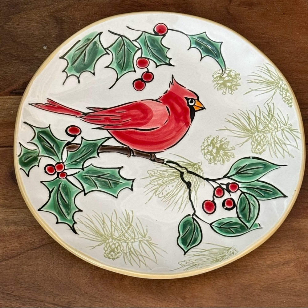 Red Robin with Holly & Berries 8” Ceramic Holiday Salad Plate